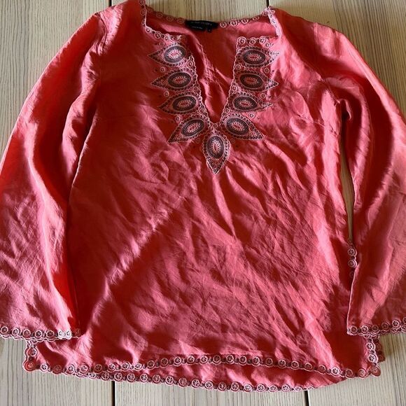 BCBG Max Azria coral silk embroidered tunic with bell sleeves - small - Picture 1 of 9
